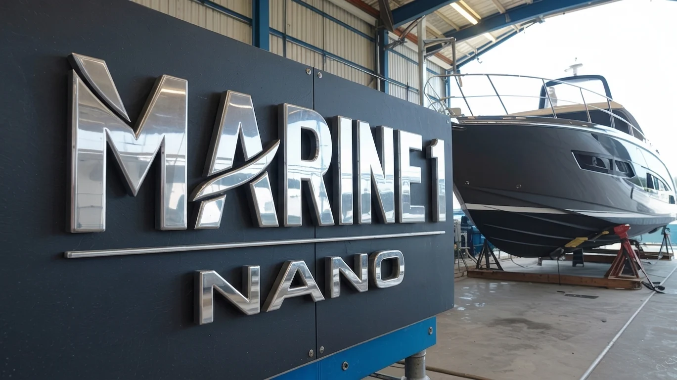Marine 1 Nano display beside a premium yacht in a marine workshop