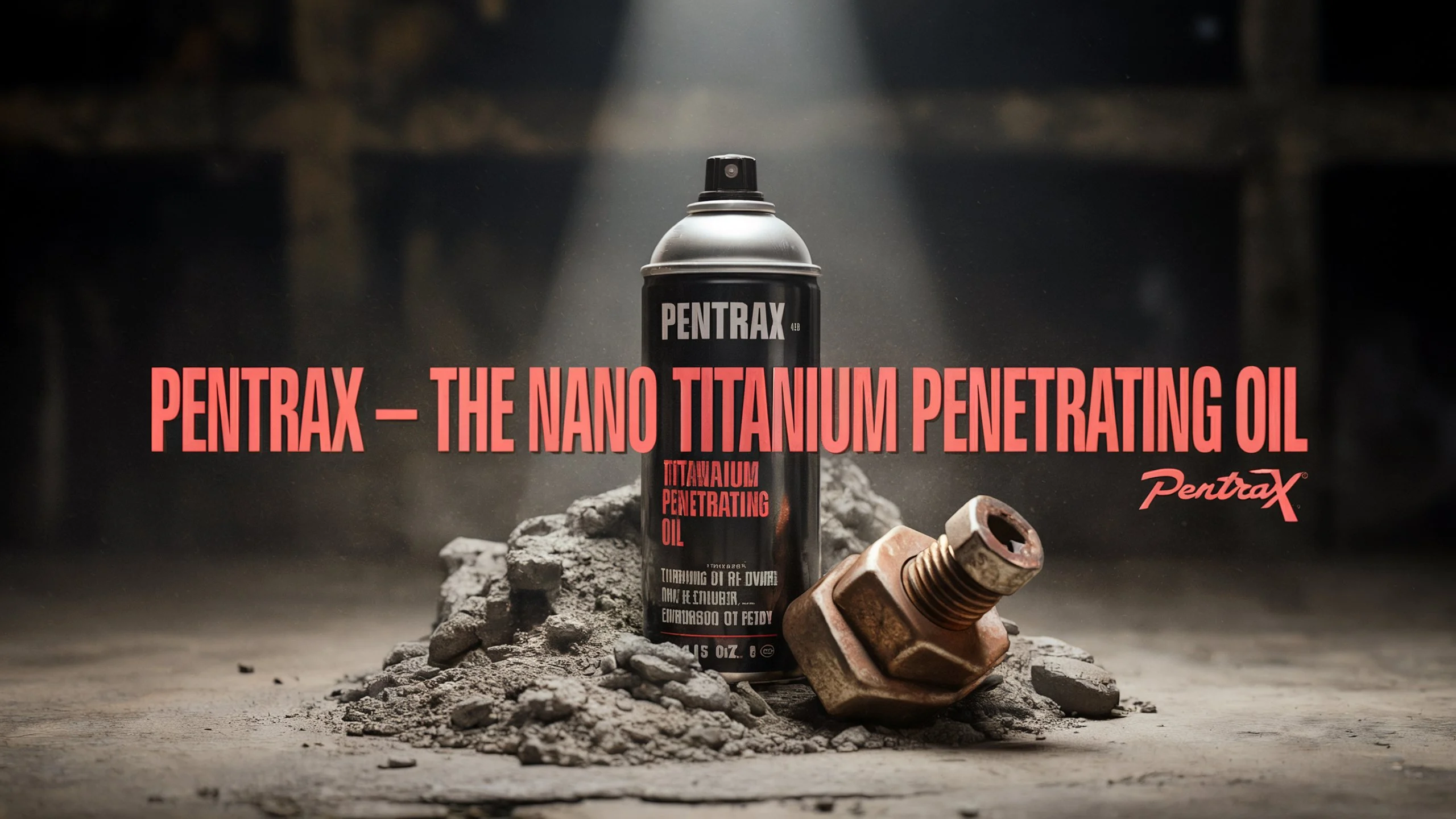 Pentrax nano titanium penetrating oil beside industrial hardware