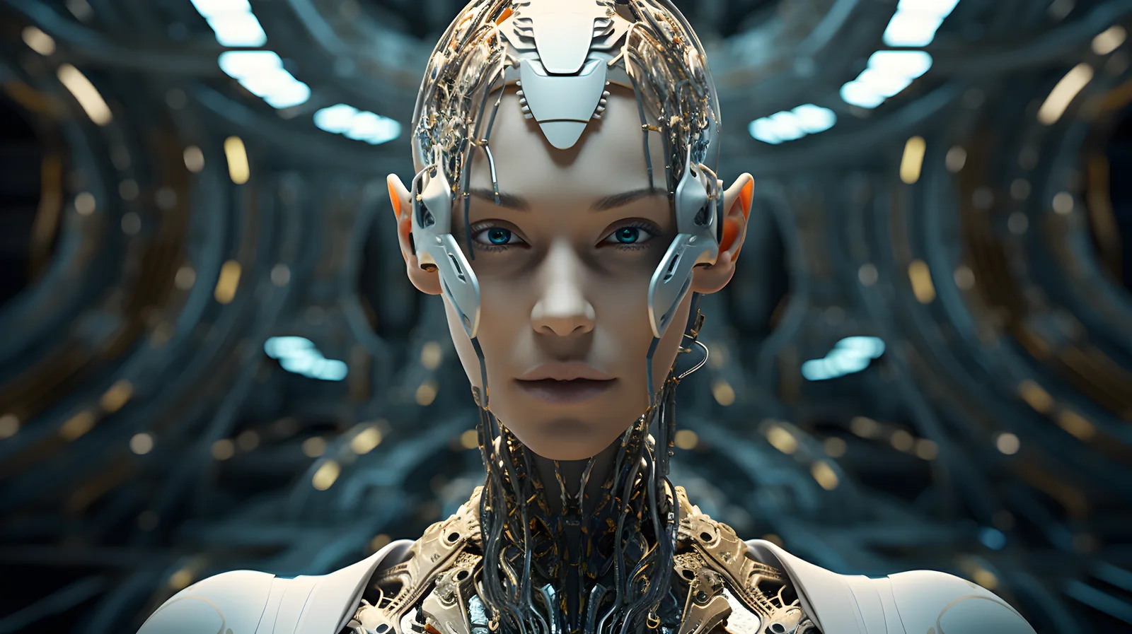 RELASHA humanoid AI entity in a futuristic research environment